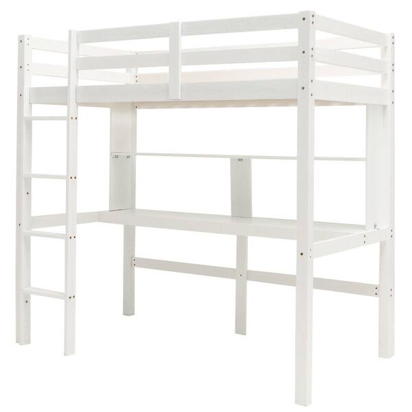 Twin Size Solid Wood Slatted Loft Bed Frame with Safety Guardrail for
