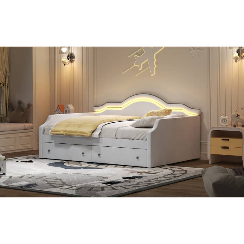 Full Size Upholstered Daybed with LED and 2 Drawers