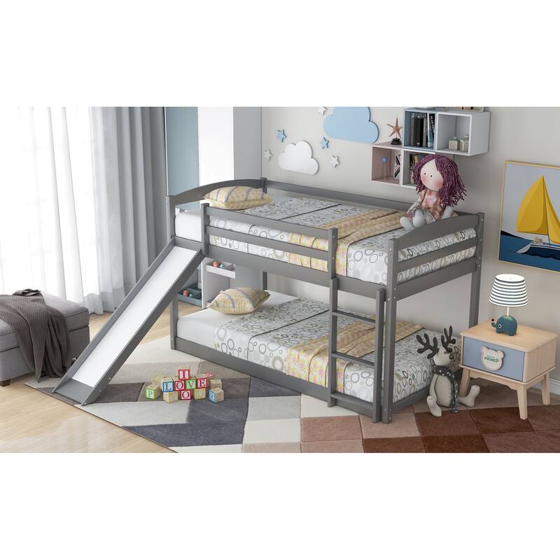 Convertible Twin Bunk Bed with Slide and Ladder, Gray