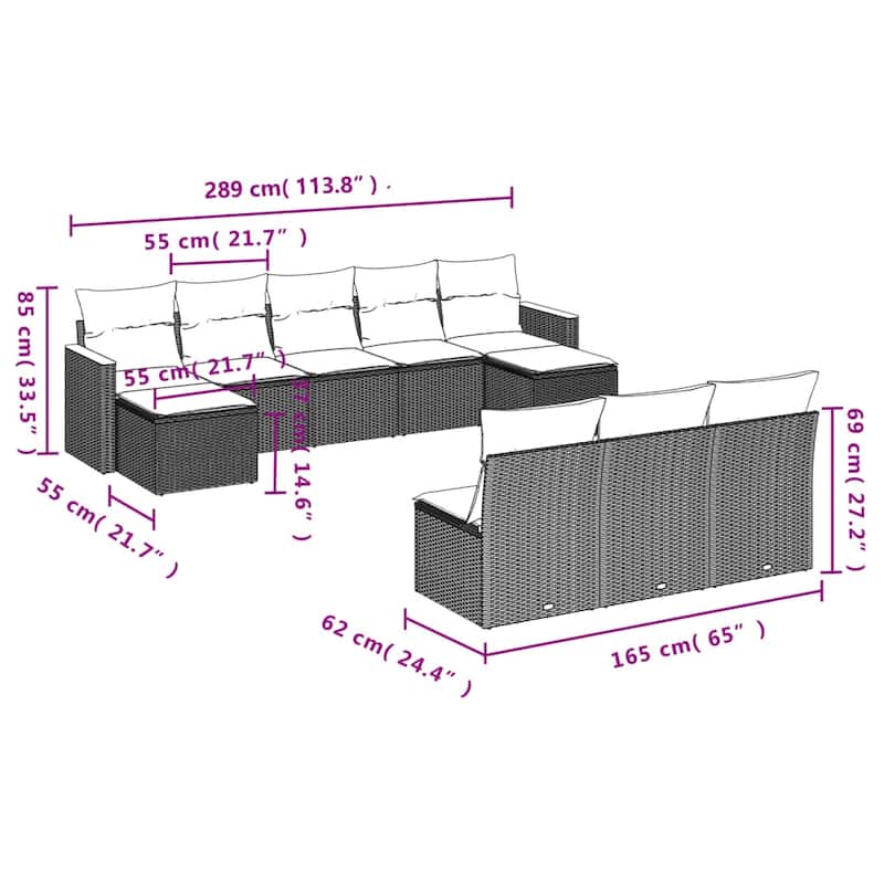 vidaXL 10 Piece Patio Sofa Set with Cushions Black Poly Rattan