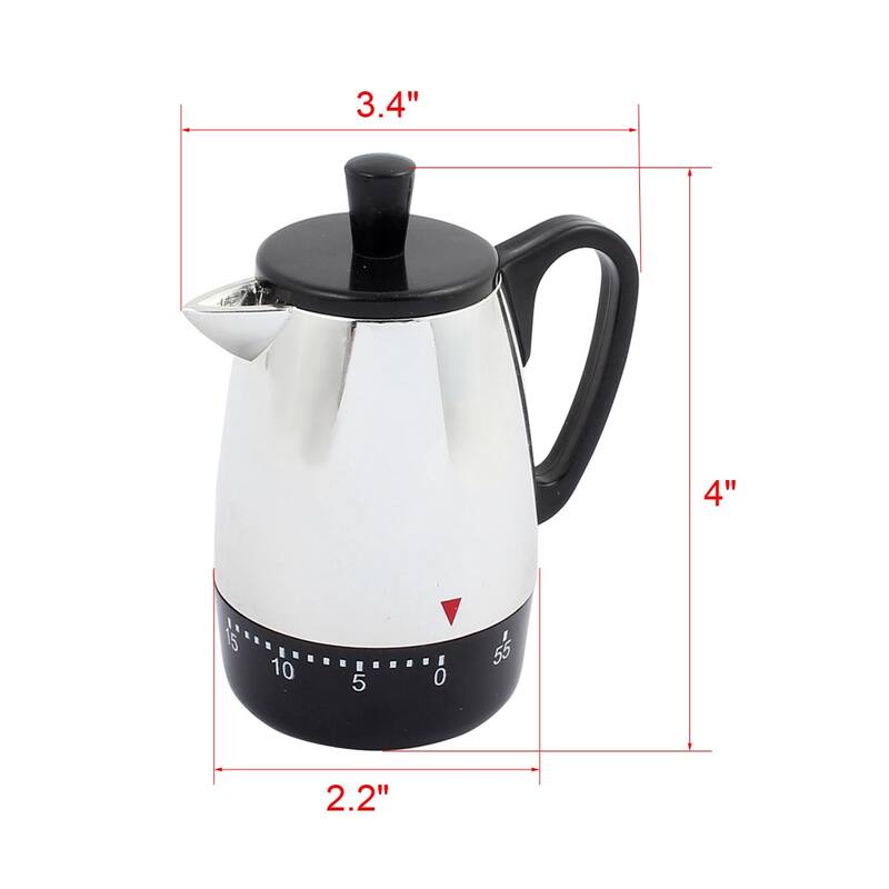 4x3.4x2.2-Inch 60 Mins Mechanical Kitchen Timer Coffee Pot Design - Silver Tone, Black