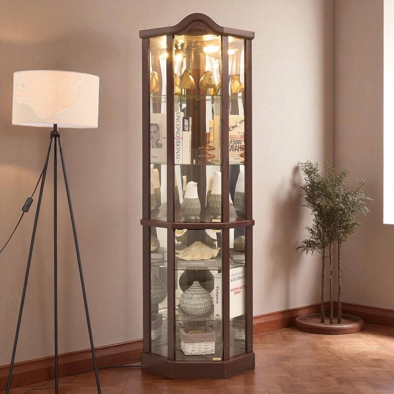 Lighted Corner Curio Cabinet with Glass Doors, Adjustable Shelves & Carved Cherry Decor, Elegant Display Cabinet for Home