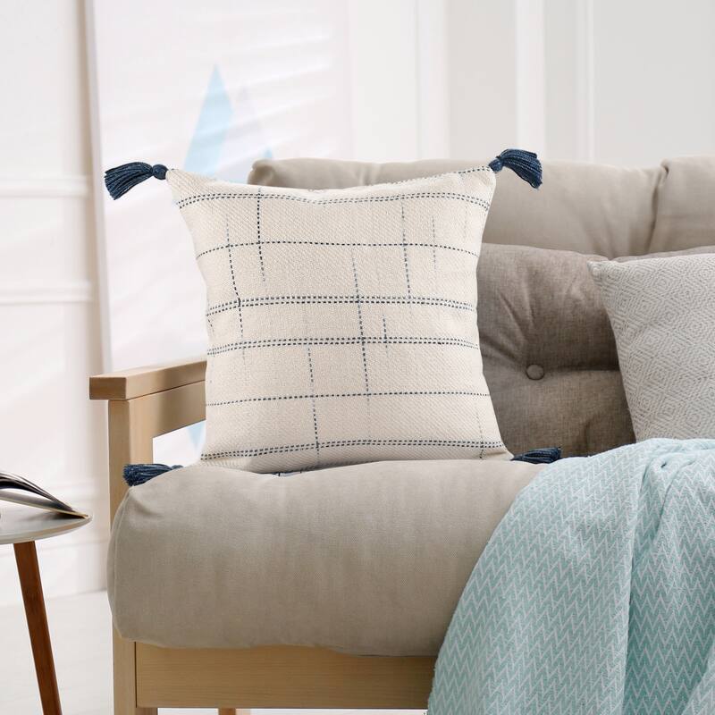 Sevita Hand-Woven Medium Ivory/Blue Geometric Polyester Indoor/Outdoor Throw Pillow - Accent - 20" x 20" - Polyester - Ivory/Blue - Single
