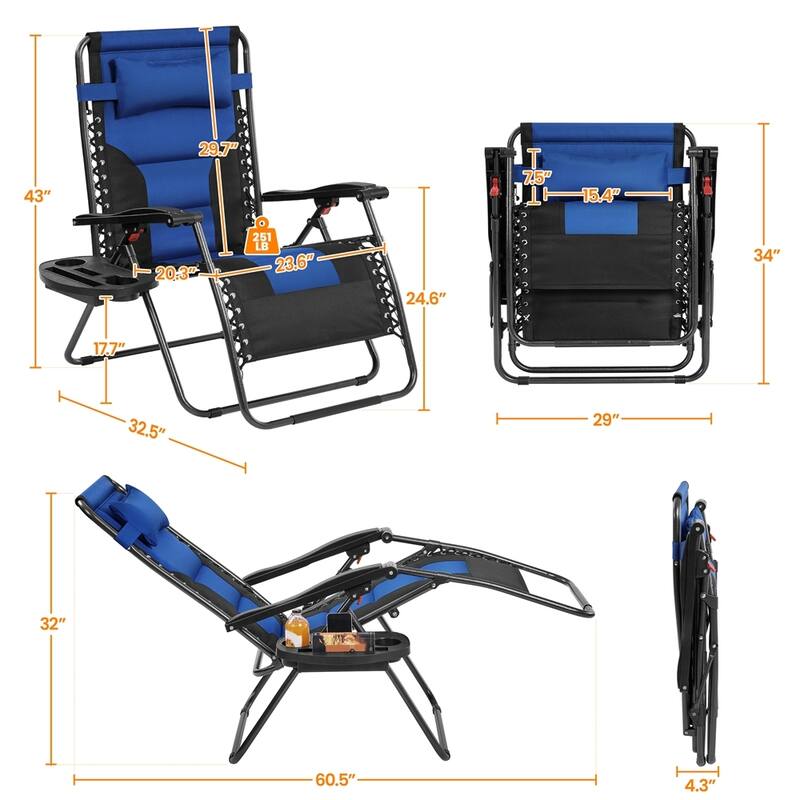 Yaheetech 29in Padded Outdoor Zero Gravity Chair Patio Lounge Camping Chair with Armrests and Pillow