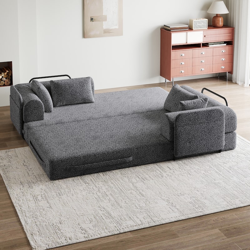 Chenille Floor Lounge Couch Convertible Sleeper Sofa Bed Folding Mattress with Cylindrical Pillow, Side Pocke and Metal Frame