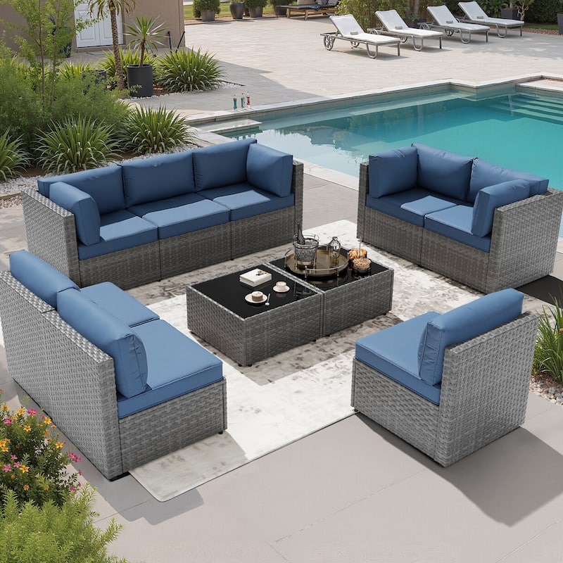 10-Piece Sectional Seating Group with Cushion, Wicker Sectional Sofa - NavyBlue/Silver