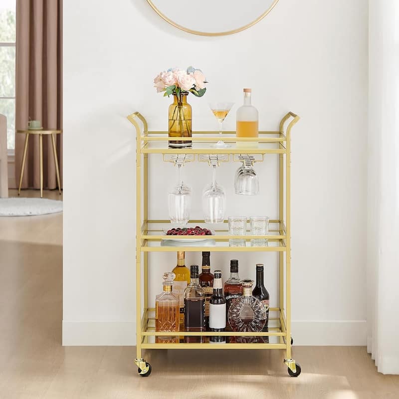 Home Bar Serving Cart with 3-Tier Shelf, Wine Holders, Glass Holders