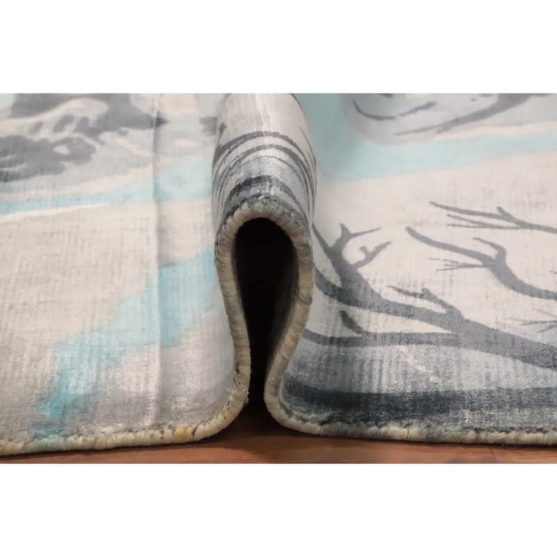Hand Knotted Oriental Viscose Silk Carpet Modern Animal Pictorial Navy Blue & Blues Abstract Area Rug - 7' 7'' X 5' 8''