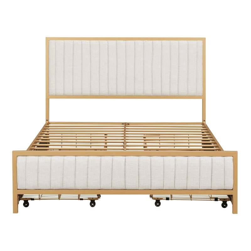 Full Size Linen Upholstered Metal Frame Bed with 4 Drawers, Elegant