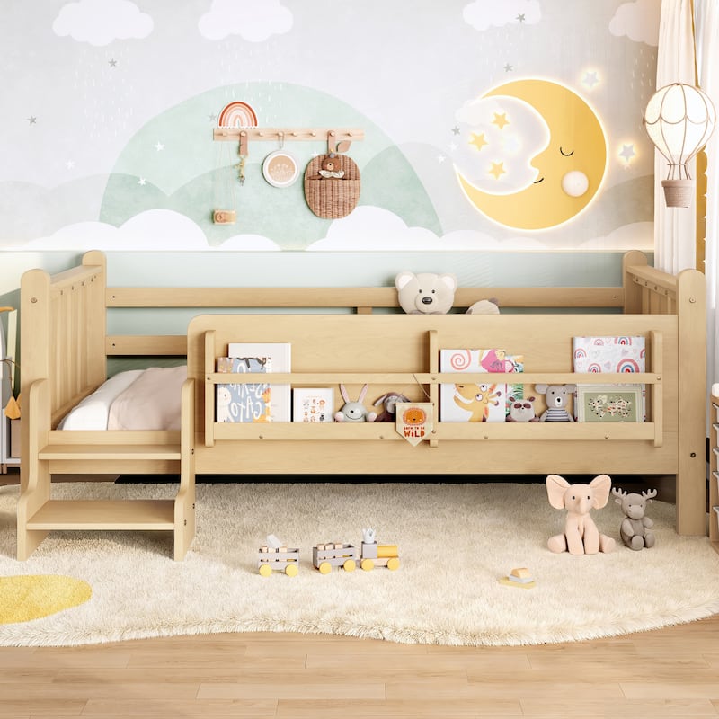 Full/Twin Floor Bed with Storage Bookcases & Cute Stairs - Solid Wood Kids Bed, No Box Spring
