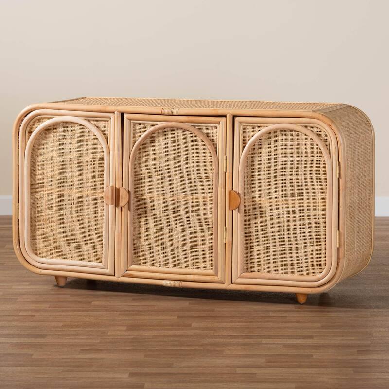 Evania Bohemian Natural Rattan 3-Door Storage Cabinet