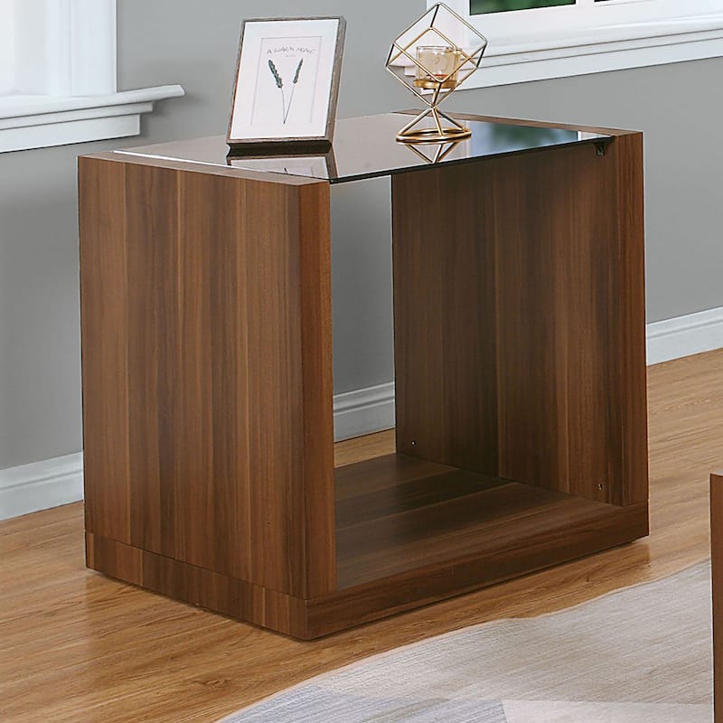 Valmont Contemporary Walnut 22-inch Glass Top Insert 1-Shelf Side Table by Furniture of America - Dark Walnut