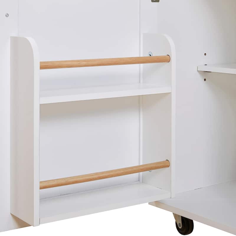 Rolling Kitchen Island with Adjustable Shelf Tower Rack, Rubber Wood Top Storage Cabinet with Divider and Internal Storage Rack