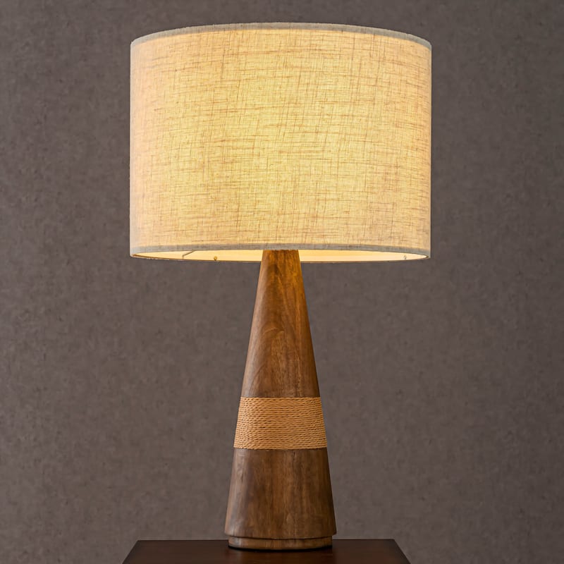CraftHome Farmhouse Honey Brown Wood Bedside Table Lamp Drum Shape Nightstand Lamp with Beige Fabric Shade for Bedroom - W18'' - W18'' - Honey brown 