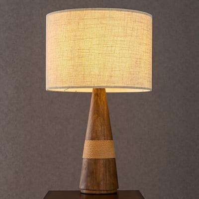CraftHome Farmhouse Honey Brown Wood Bedside Table Lamp Drum Shape Nightstand Lamp with Beige Fabric Shade for Bedroom - W18''