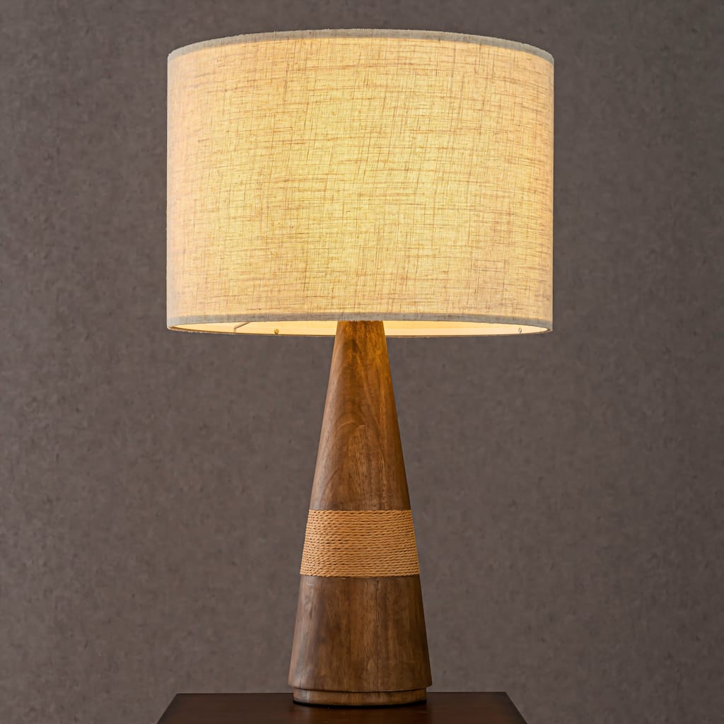 CraftHome Farmhouse Honey Brown Wood Bedside Table Lamp Drum Shape Nightstand Lamp with Beige Fabric Shade for Bedroom - W18''