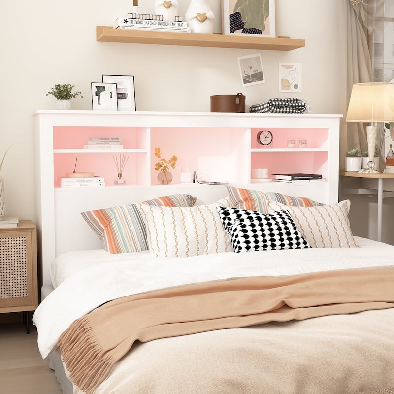 65"W Timechee Wooden Bookcase Headboard With Light