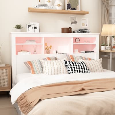 65"W Timechee Wooden Bookcase Headboard With Light