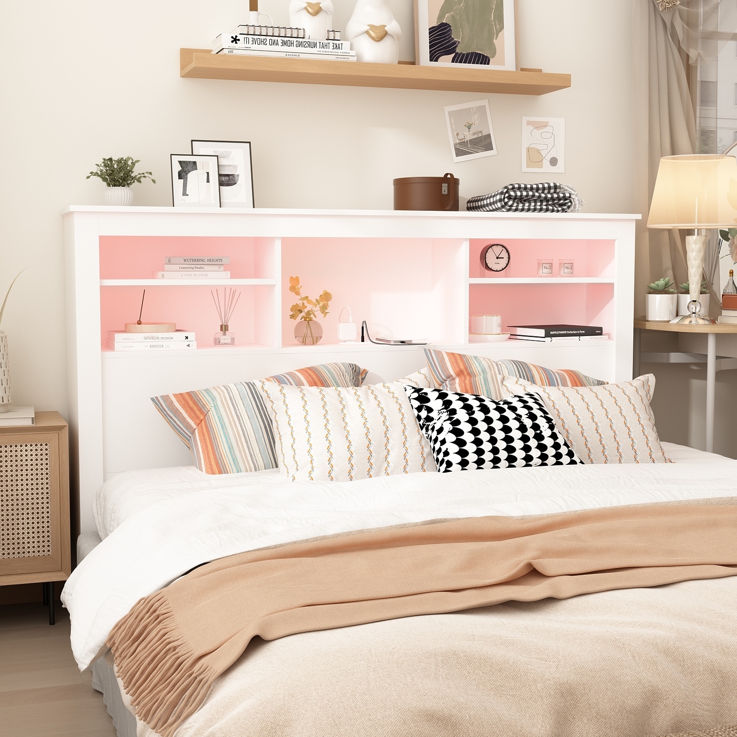 65"W Timechee Wooden Bookcase Headboard With Light