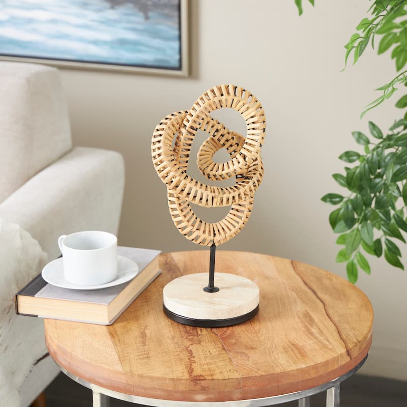 Brown Rattan Handmade Looped Abstract Sculpture with White Marble Base - Brown - 6" x 6" x 14"