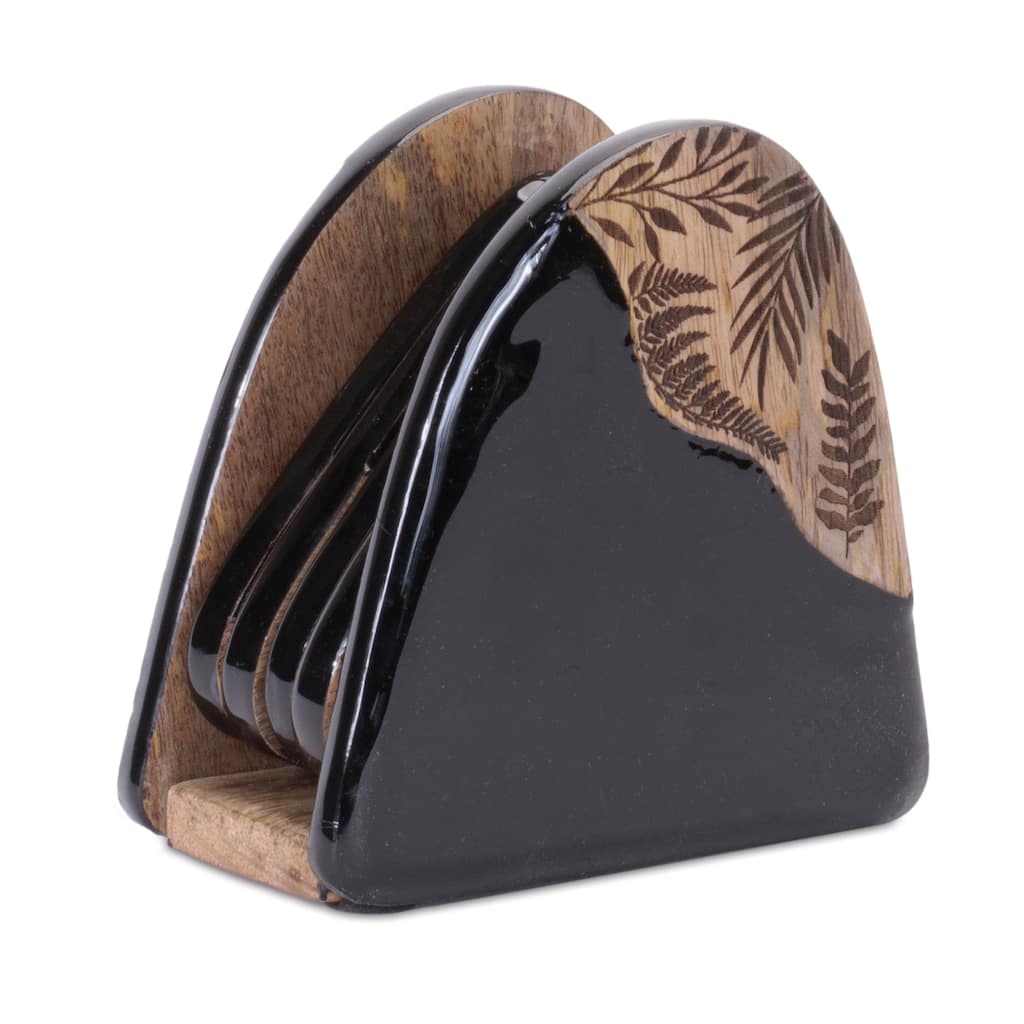 Premium Natural Mango Wood Floral Etched Coaster Set 4 Two-Tone Black & Brown Rounded Triangle Coasters