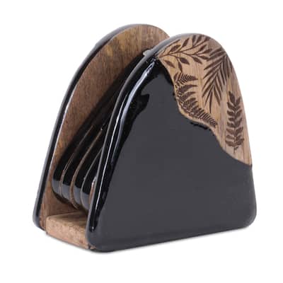 Floral Etched Wood Coaster with Holder (Set of 4) - N/A