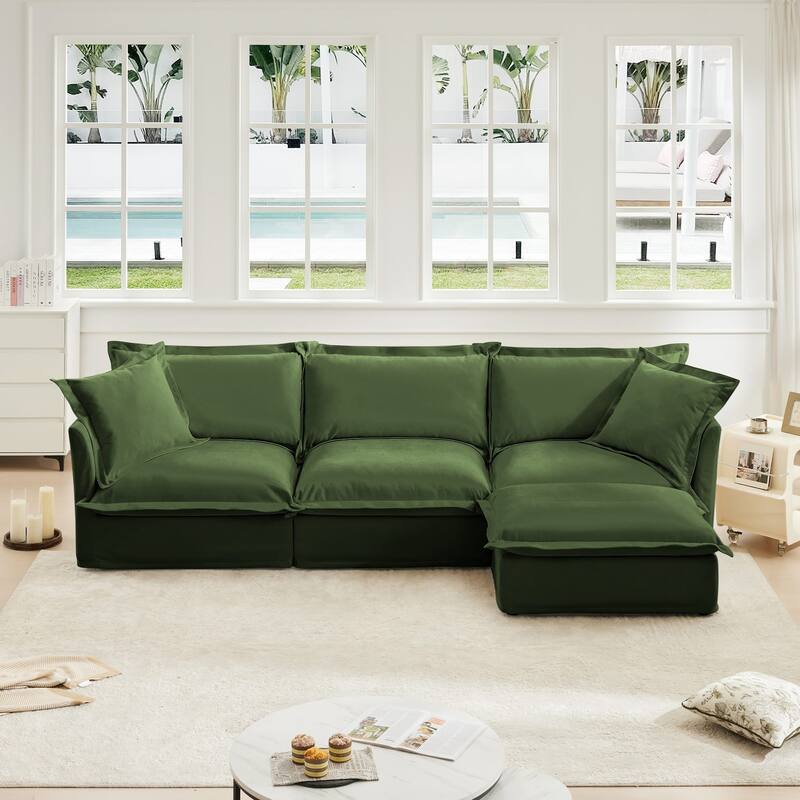 Modern 3 Seater Upholstered Sofa with 1 Ottoman and 2 Pillows