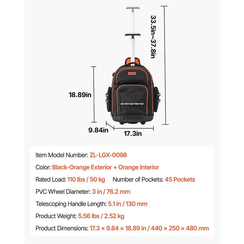 Rolling Tool Backpack with 45 Pockets and Wheels for Tools Storage - 17.3 x 9.84 x 18.89 in
