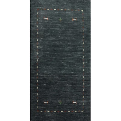 Hand Knotted Oriental 100% Wool Carpet Tribal Animal Pictorial Greys & Charcoal Gabbeh Area Rug - 4' 2'' X 2' 0''
