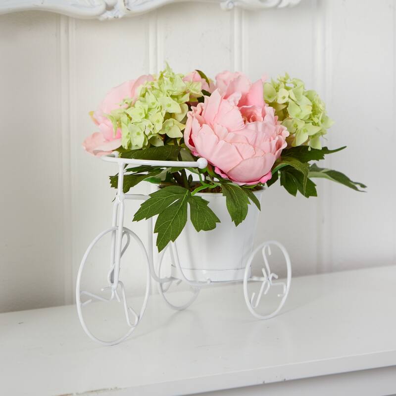 Silk Flower Arrangement Tricycle Planter - Peony Floral Decor Home Garden - 9.5