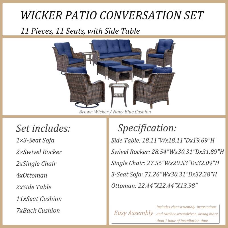11 Piece Outdoor Wicker Patio Conversation Furniture Swivel Chairs Set