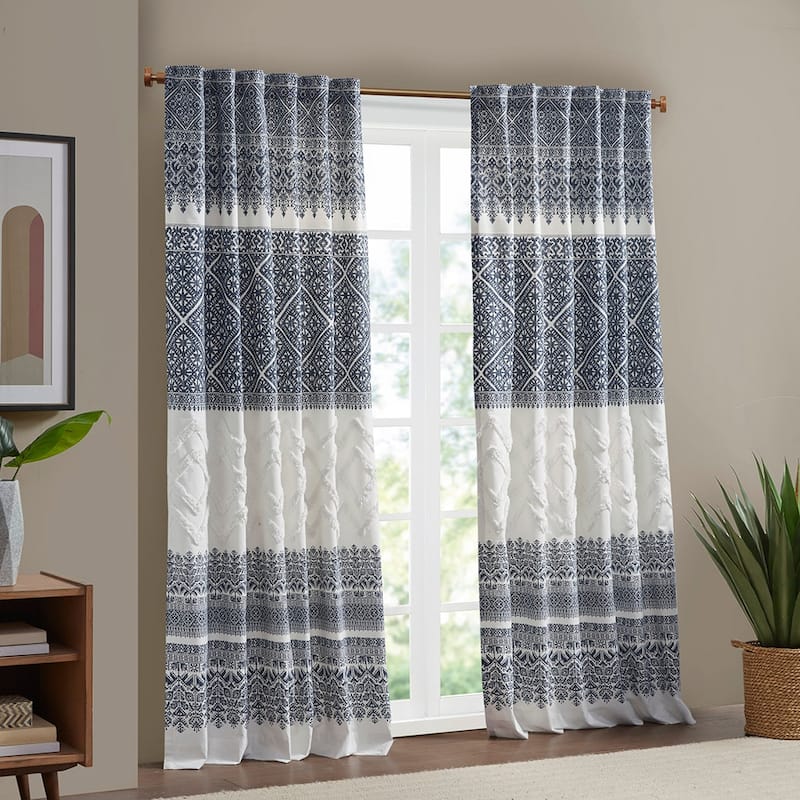 Rossetta Bohemian Vibe Cotton Printed with Chenille Tufted Detail Window Curtain Panel, Only 1 Piece Panel - 50"W x 84"L