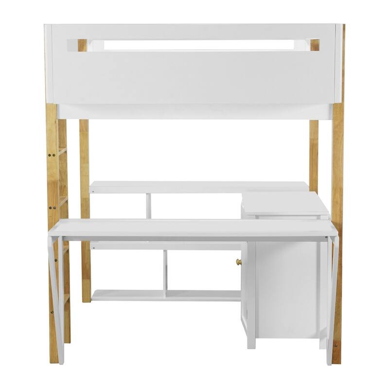 Merax Wood Loft Bed With Built-in Storage Cabinet and Shelves, Foldable desk