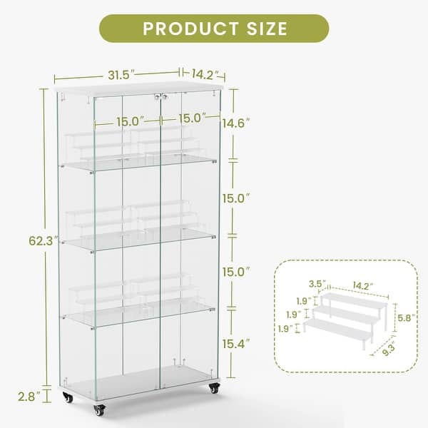 dimension image slide 9 of 24, Glass Display Cabinet with Doors & Locks, Acrylic Shelves, Floor Standing Storage Showcase for Home or Office