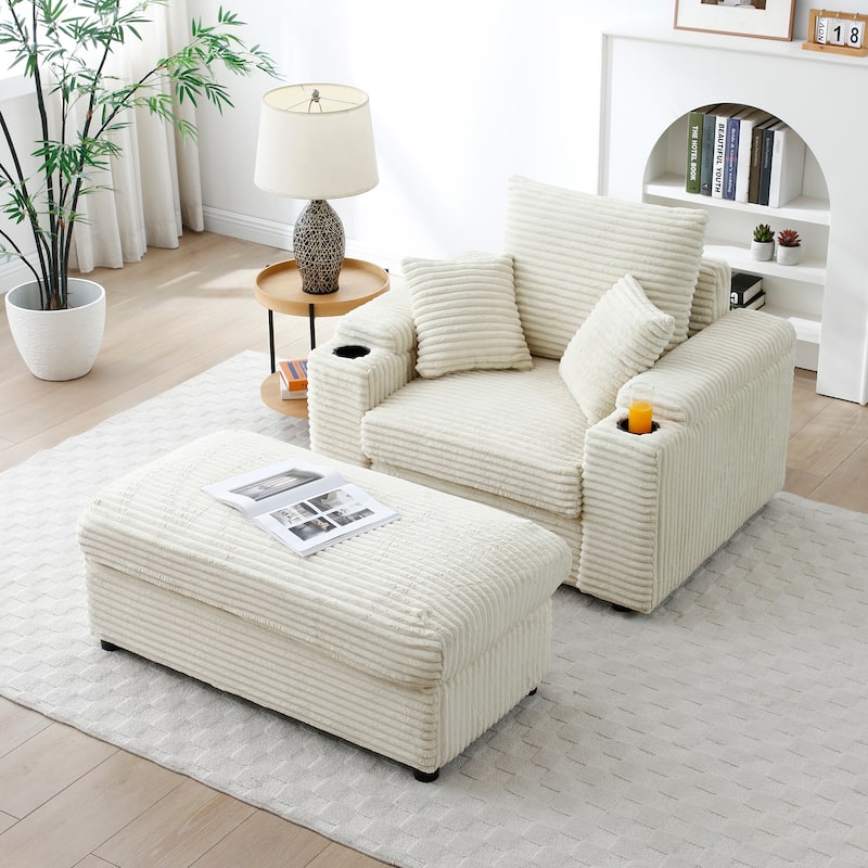 Oversized Accent Chair with Ottoman, Single Sofa Chair with Large Seat and Extra Wide Armrests, Modern Comfy Armchair - Cream