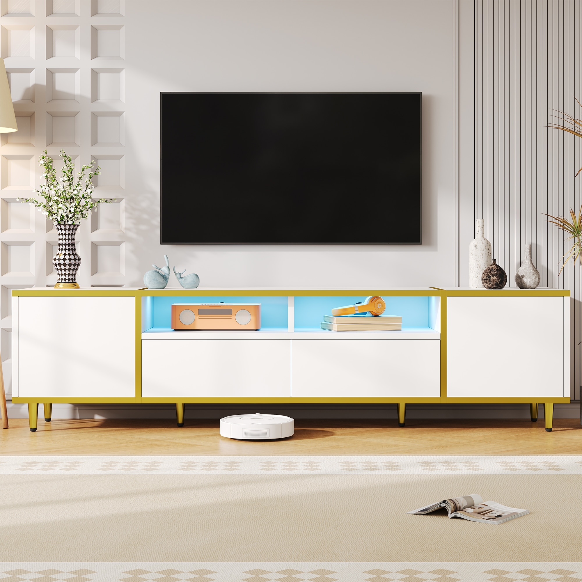 70.9'' Modern TV Stand for TVs Up To 80'' Entertainment Center with 2 Shelves & 16 LED Lights, TV Storage Cabinet with 2 Drawers