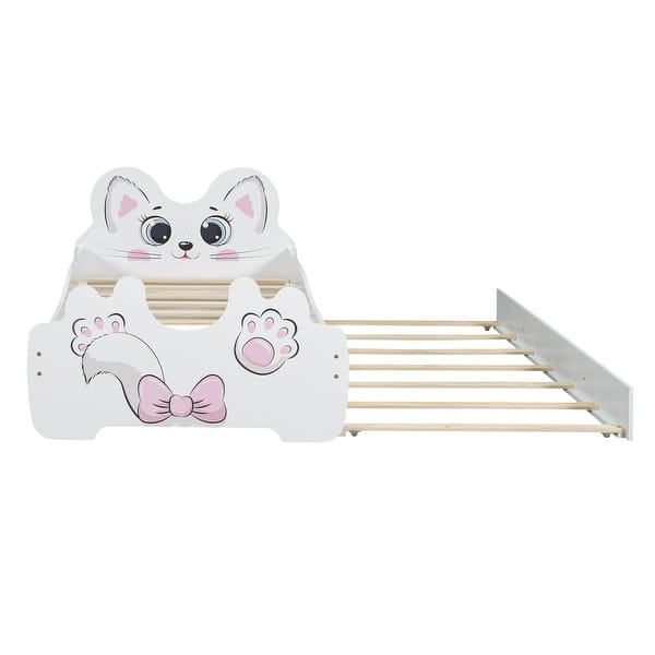 slide 2 of 10, Twin Platform Bed with Cartoon Shaped Headboard & Trundle, Wood Bed-Frame with Slats Support for Boys Girls-Easy to Assemble Antique White - Twin