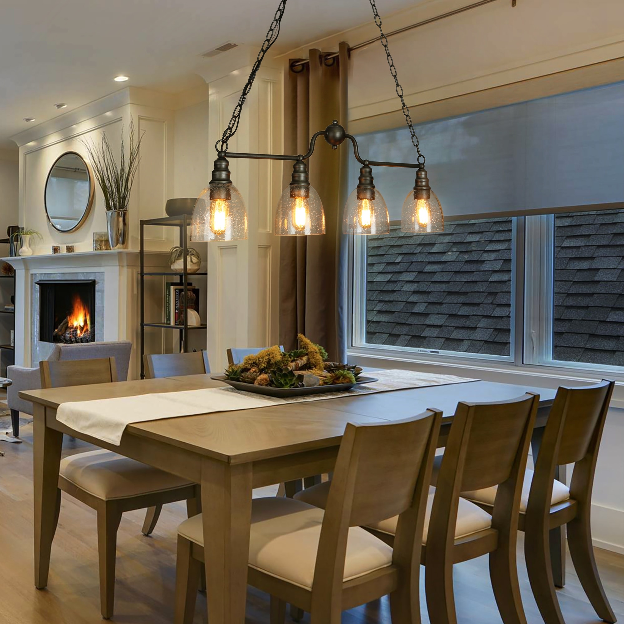 Silver Farmhouse Rustic Linear 4-Light Chandelier 32-inch Glass Dining Room Kitchen Island Pendant Lights - L32"x W 5"x H 12"