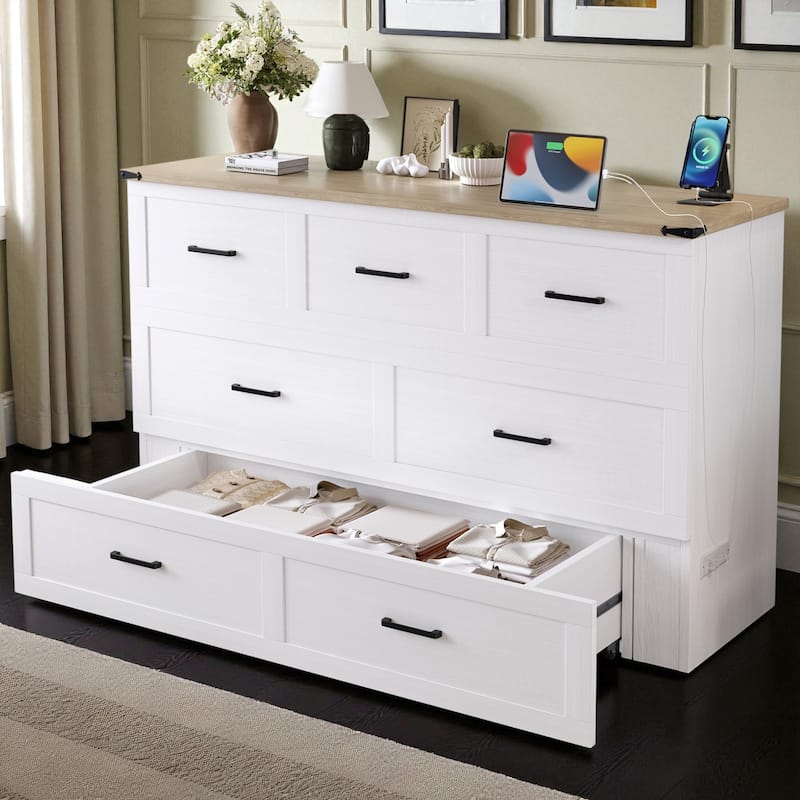 Foldable Murphy Bed Cabinet Full/Queen with USB & Type-C Ports and Storage Drawer for Guest Room