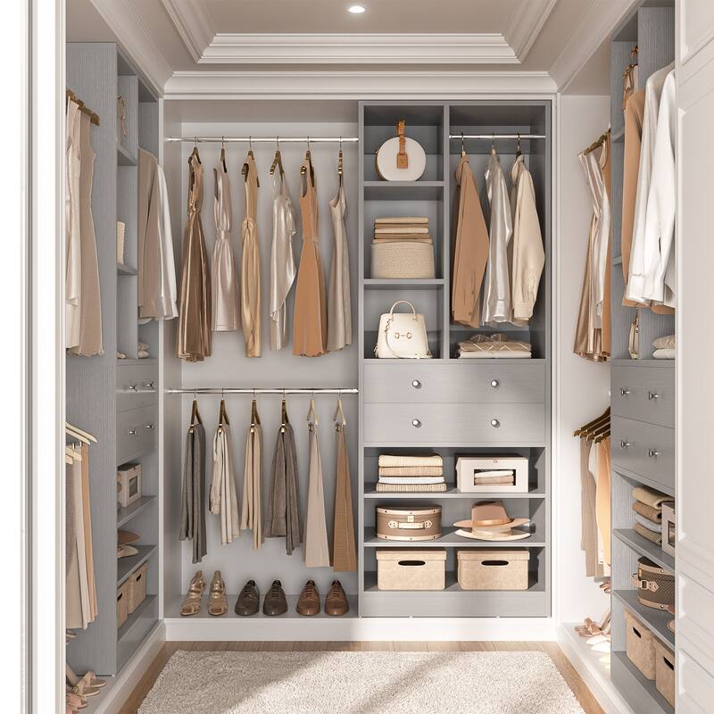 Closet Organizer with 5 Hanging Rods and 2 Drawers, Adjustable Closet System with Shelves and Shoe Rack