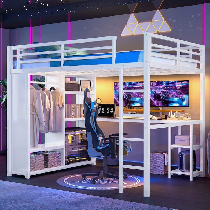 Off White Queen Loft Bed with Built-in Wardrobe, Desk, and Storage Shelves, Space-Saving Design