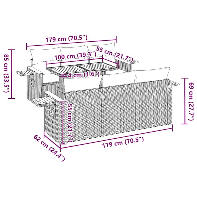 vidaXL Patio Sofa Set with Cushions Seat Modules 7 Piece Poly Rattan Acacia - 21.7 x 24.4 x 27.2