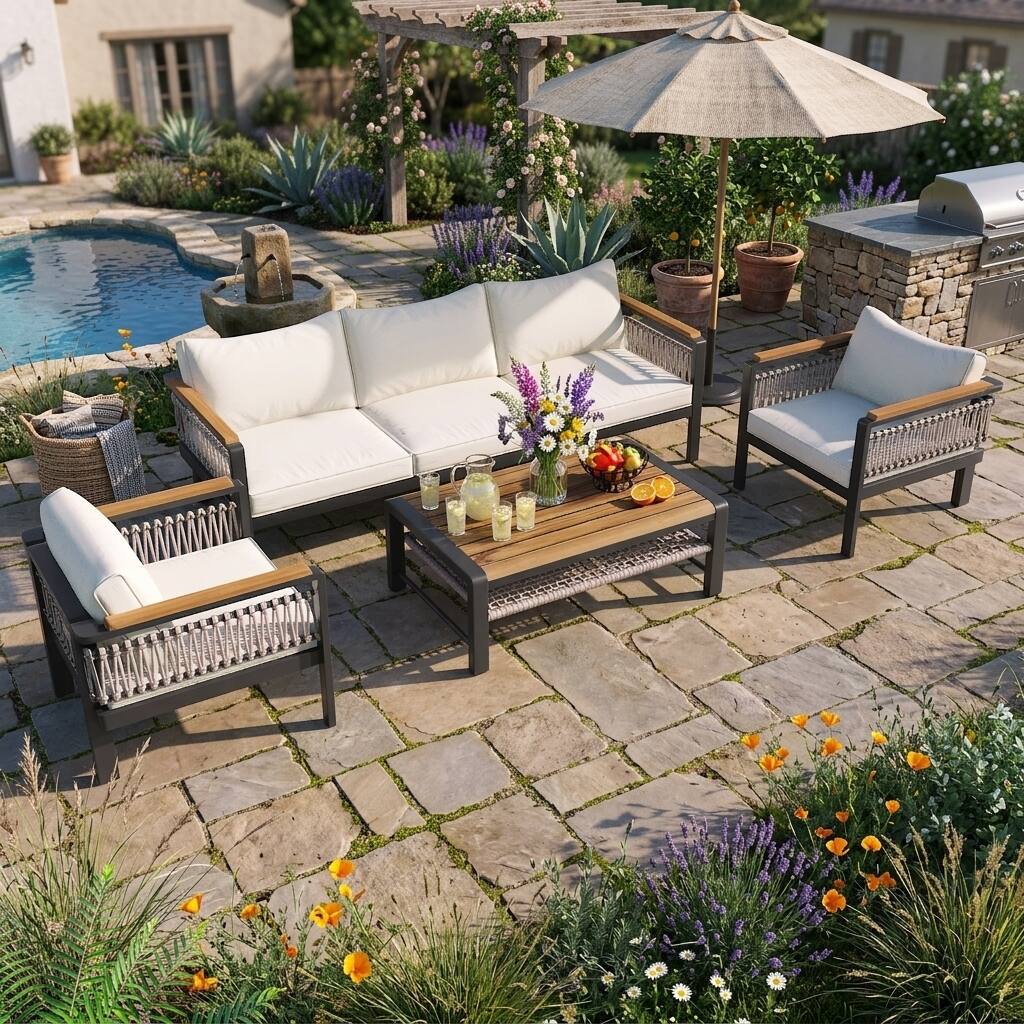 4-Piece Outdoor Conversation Sofa Set with Acacia Wood Coffee Table by Leisure Zone