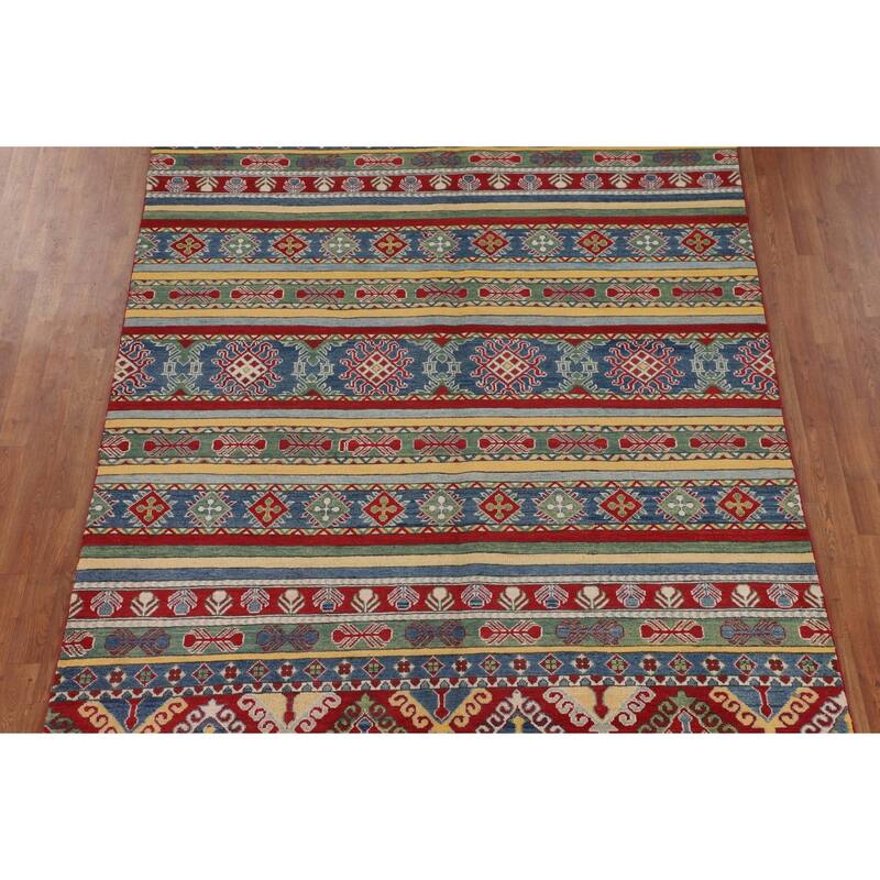 Striped Oriental Kazak Area Rug Hand-Knotted Wool Carpet - 6'7" x 9'9"