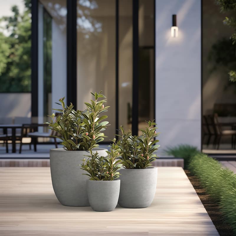 Tall Concrete Round Plant Pots / Large Indoor and Outdoor flower Planters - 3 Piece Set (10, 14, 18 Inch Diameter) - Stone Finish
