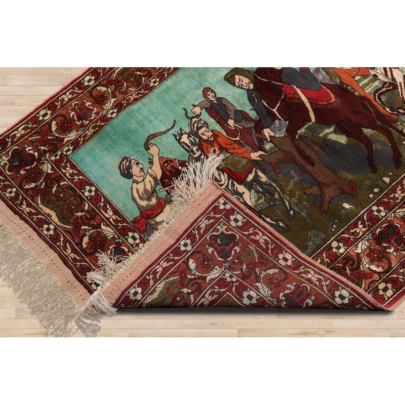 Hand Knotted Turquoise Persian Wool Traditional Oriental Area Rug - 3' 7'' x 5'