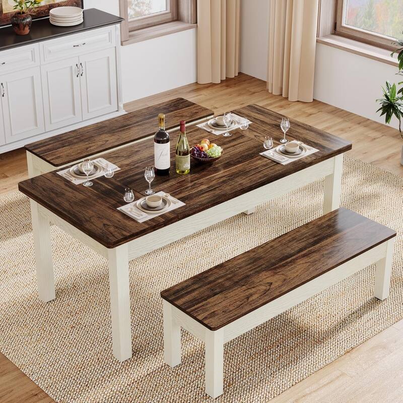 55" Farmhouse 3-Piece Dining Table with 2 Benches