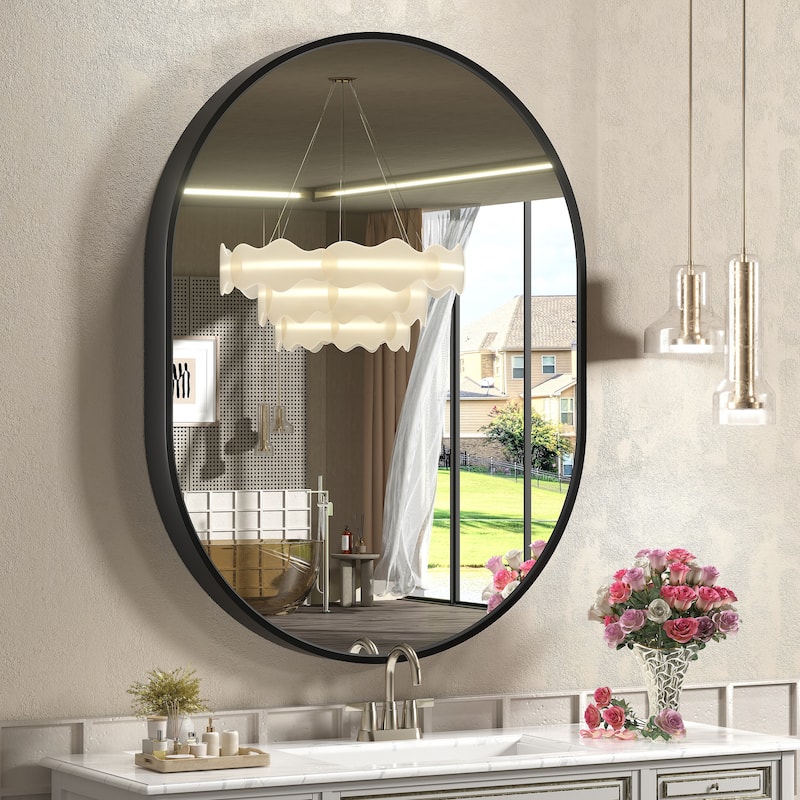 5-Year Warranty Aluminum Alloy Framed French Cleat Mounted Oval Wall Decor Bathroom Vanity Mirror - 40" x 30" - Black
