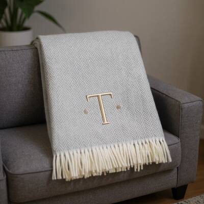HomeRoots 55" X 70" Gray And White Herringbone Cotton Blend T Initial Throw Blanket with Tassels And Embroidery