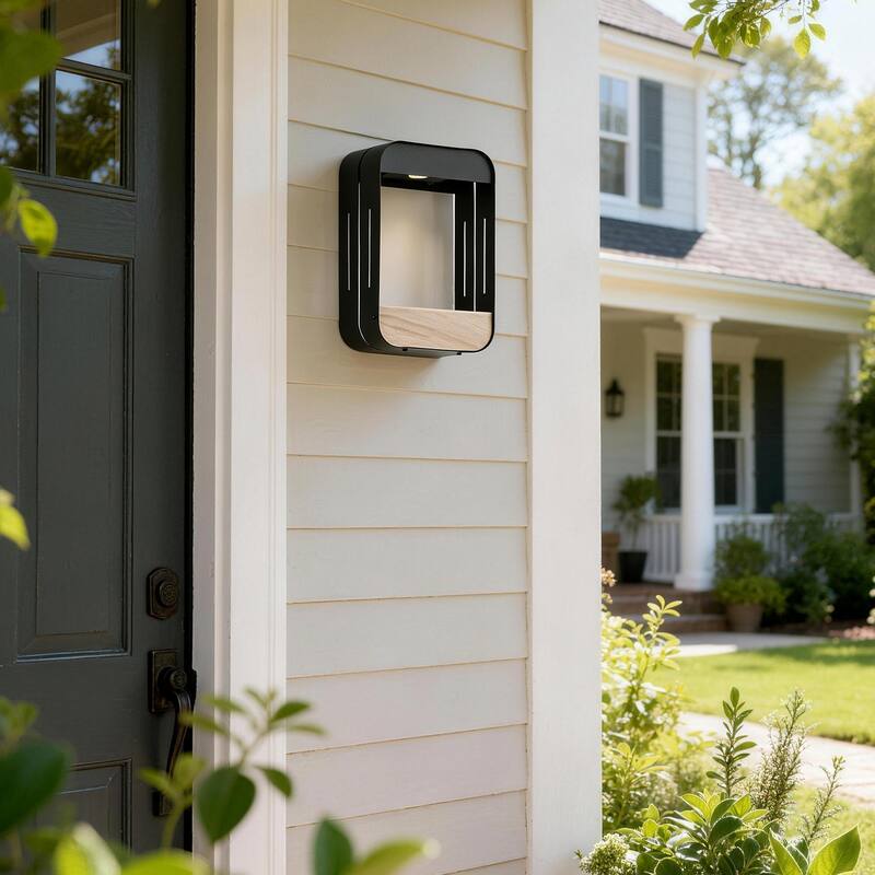 Outdoor Solar LED Wall Lantern Metal Wood-grain Shelf Sconce